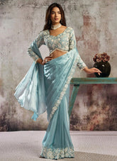 Party wear ice blue ready to wear saree with stitched blouse and belt