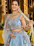 Sky Blue Satin Silk Wedding Lehenga with Dupatta