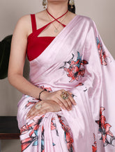 Pink satin silk saree with floral print