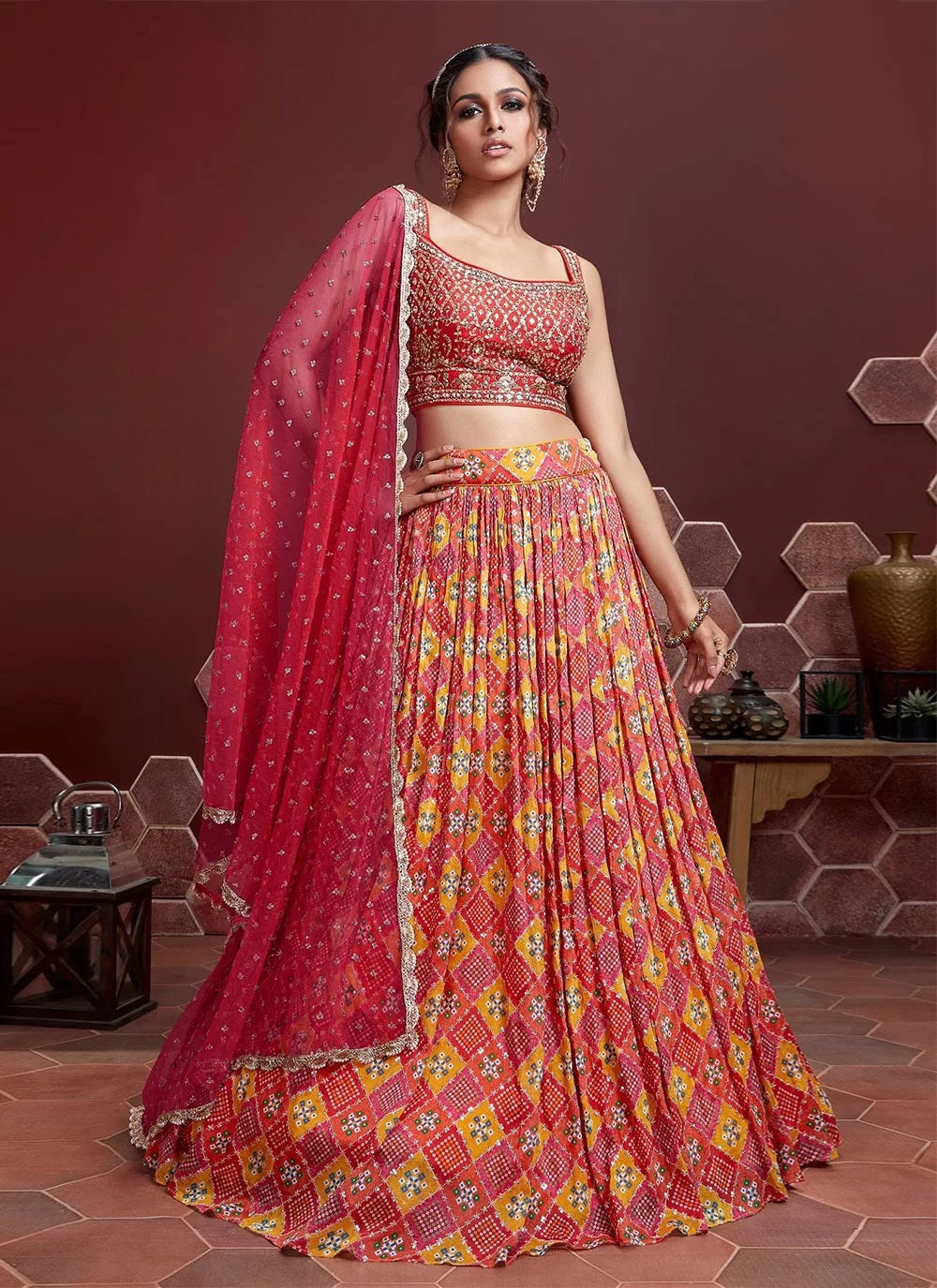 Red and mustard embroidered Lehenga With square neck sleeveless