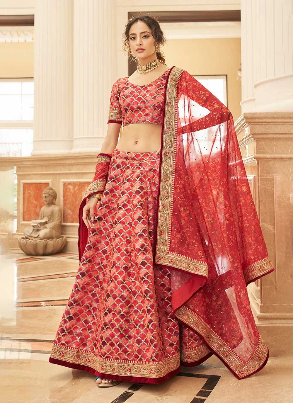 Red Silk Embroidered Lehenga