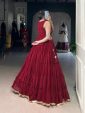 Red Color Embossed Design Lace Border Marbel Chaniya Choli
