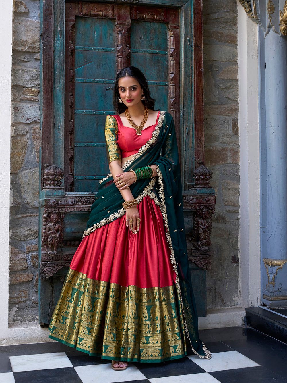 Red Narayan Pattu lehenga choli with zari weaving
