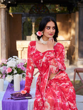 Red marble printed saree with pearl lace border