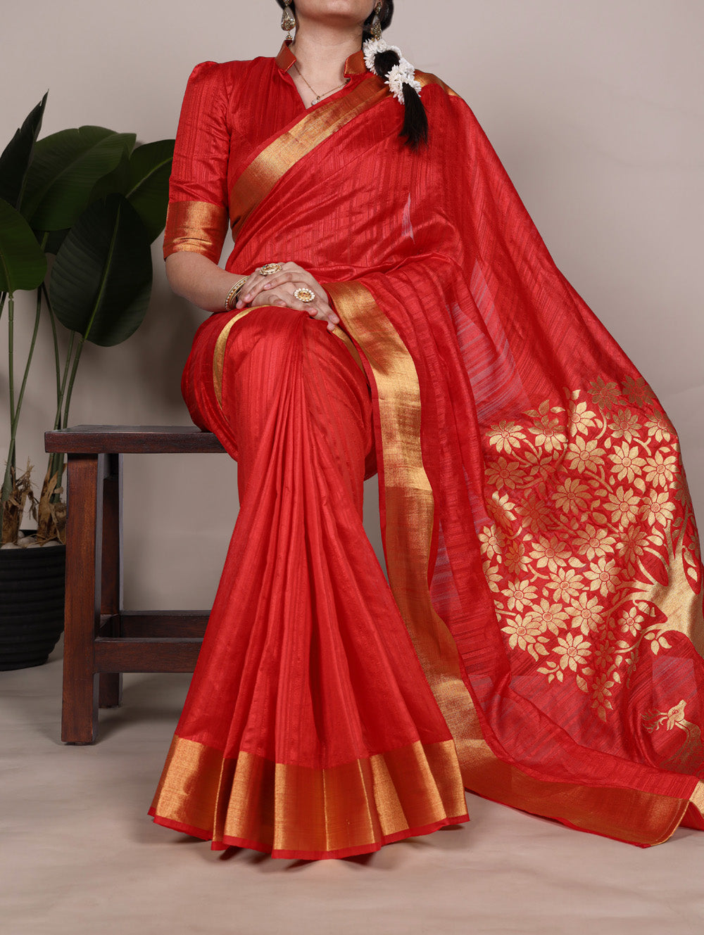 red raw silk saree with zari weaving