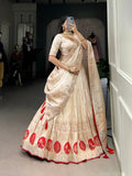 Red Color Mirror And Bids (Moti) Handwork Shimmer With Weaving Work Lehenga Choli