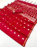 Contemporary red pure satin saree with handloom weaving and matching blouse