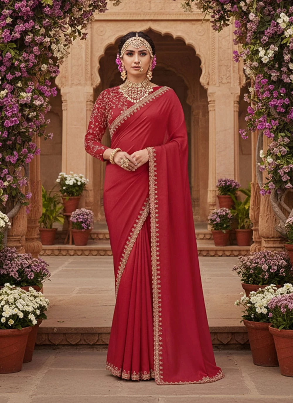 Red Crepe Satin Silk Karwa Chauth Saree with Moti and Hand Work
