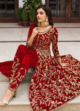 Red Embroidered Net Slit Style Abaya Style Indian Suit