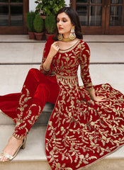 Red Embroidered Net Slit Style Abaya Style Indian Suit