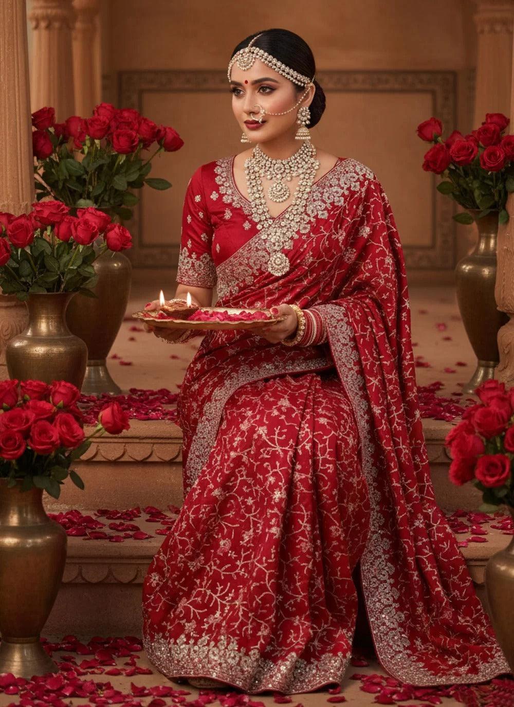 Woman in a red saree with white patterns holding a plate, surrounded by red roses and decorative vases.