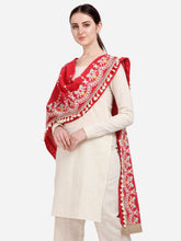 Red Khadi Cotton Embroidered Stole With Cotton Tassels Lace