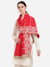 Red Khadi Cotton Embroidered Stole With Cotton Tassels Lace