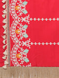 Red Khadi Cotton Embroidered Stole With Cotton Tassels Lace
