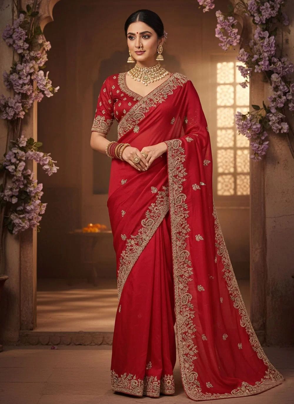 Red Organza Satin Silk Karwa Chauth Saree with Multi Embroidery Stone and Pearl Work