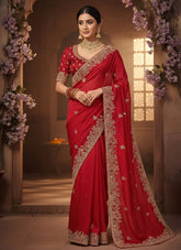 Red Organza Satin Silk Karwa Chauth Saree with Multi Embroidery Stone and Pearl Work