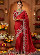 Elegant Red Soft Satin Silk Karwa Chauth Saree with Multi Aari Embroidery, Sequins & Stone Work