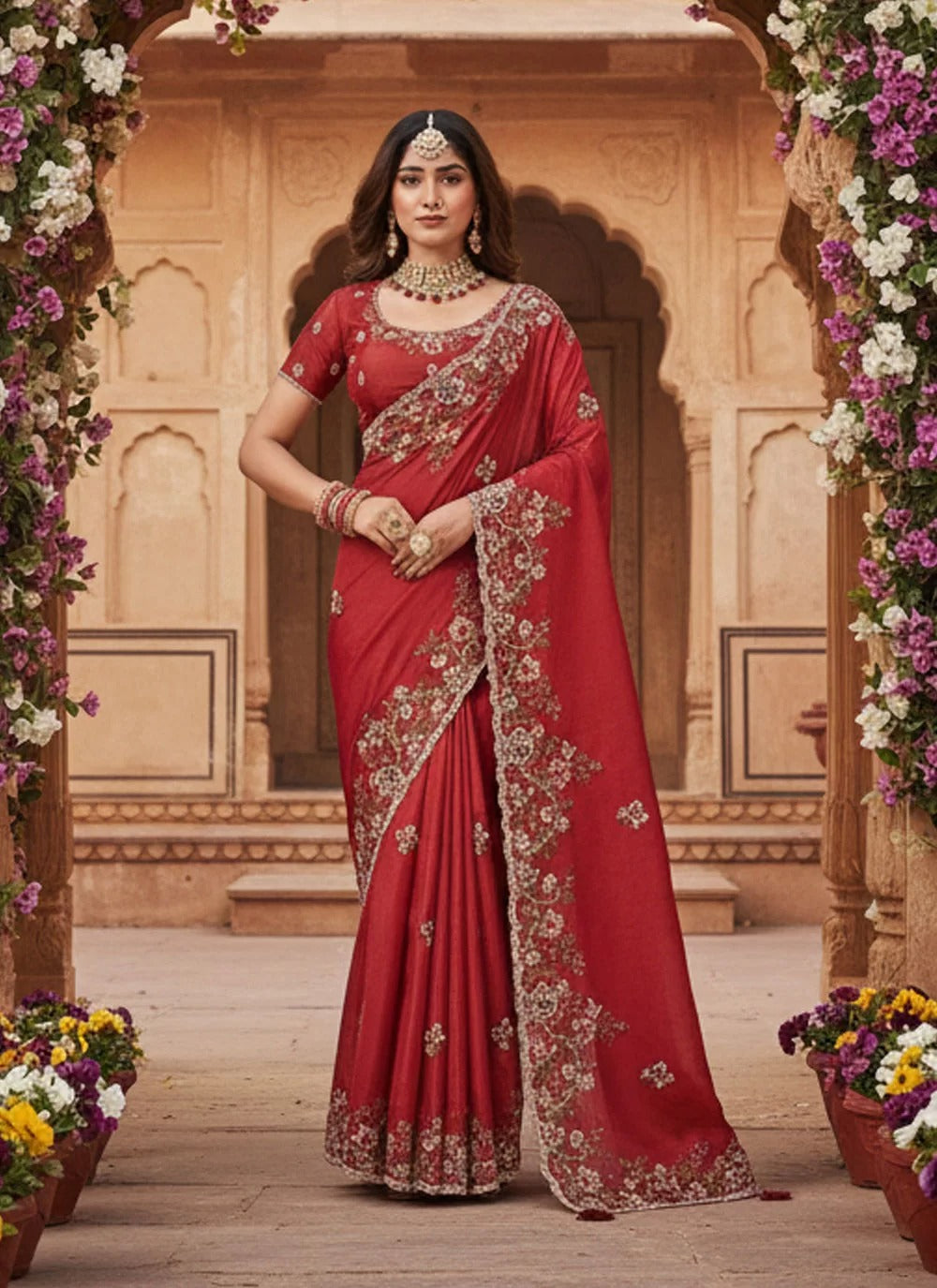 Red Upada Silk Karwa Chauth Saree with Sequence Cord Embroidery and Stone Work