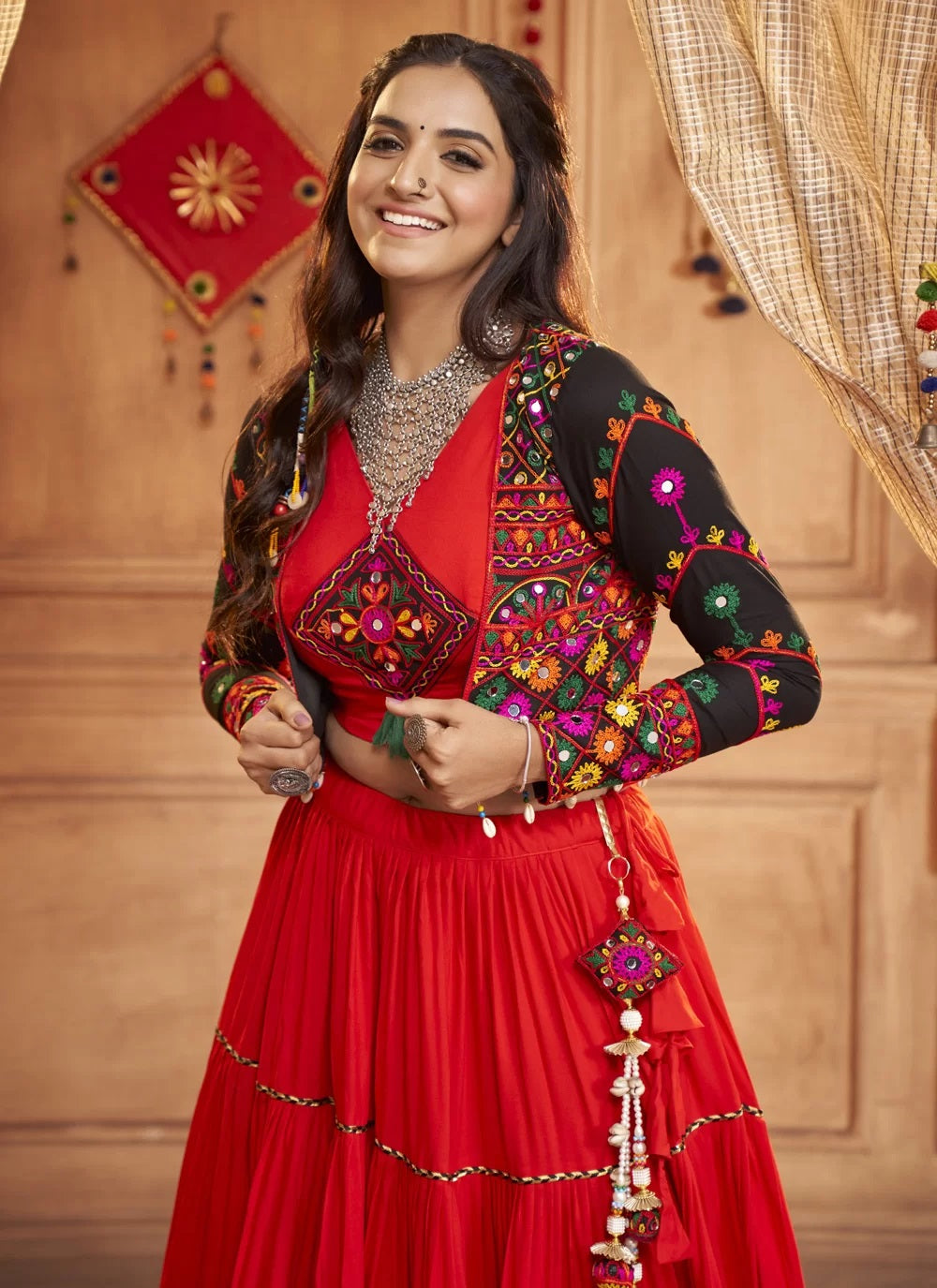 Red Viscose Rayon Mirror Work Traditional Garba Dress