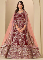 Regal Maroon Velvet Suit Designs Pakistani | Embroidered