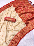 White Red Soft Silk Saree with Butti Durga Pooja Zari Woven Saree