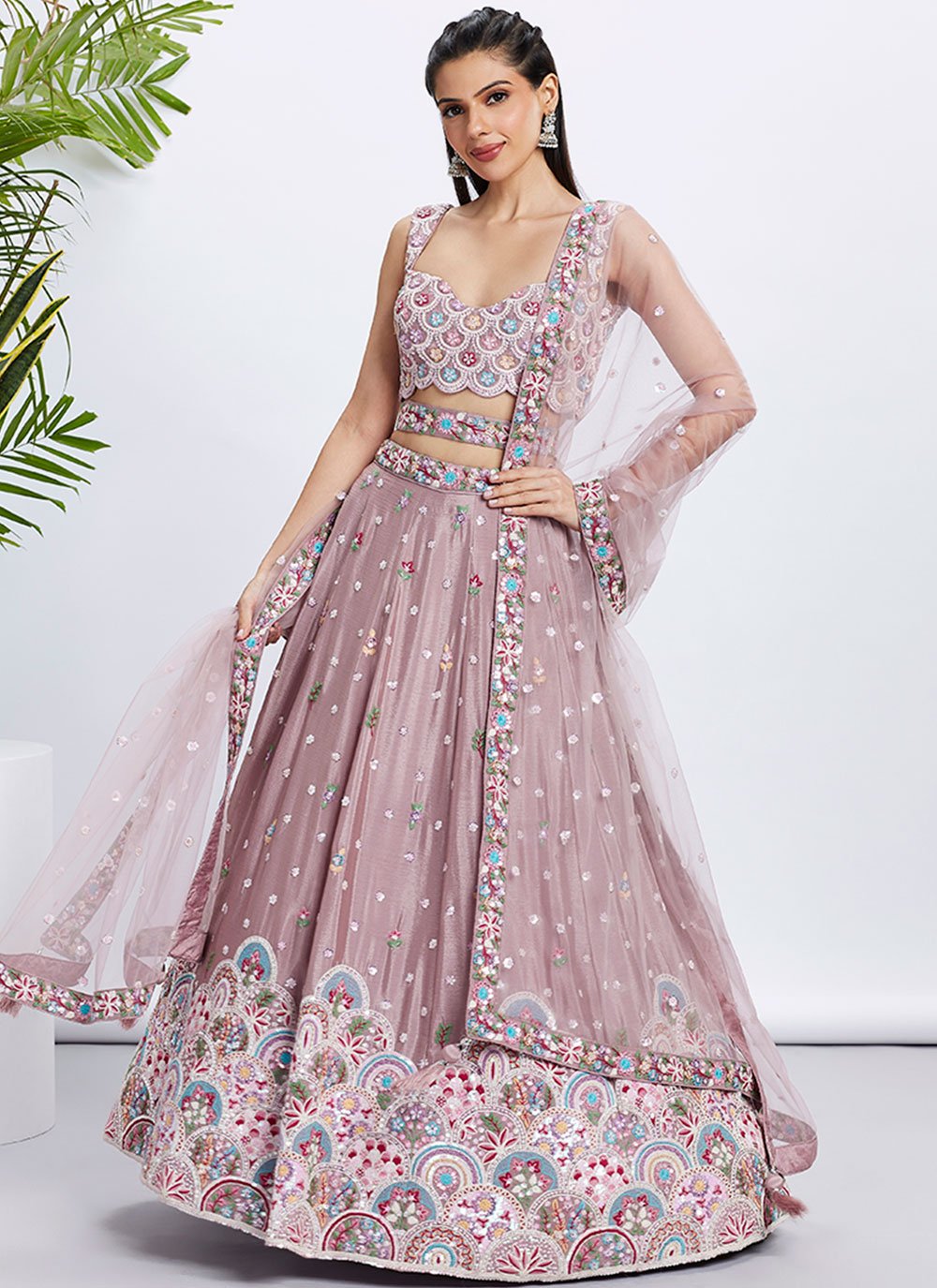Rosegold Pure Chiffon Sequins and Thread Embroidered Lehenga with Net Dupatta