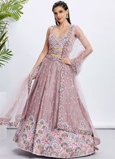Rosegold Pure Chiffon Sequins and Thread Embroidered Lehenga with Net Dupatta