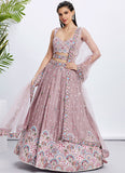 Rosegold Pure Chiffon Sequins and Thread Embroidered Lehenga with Net Dupatta