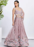 Rosegold Pure Chiffon Sequins and Thread Embroidered Lehenga with Net Dupatta