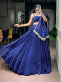Royal blue Bandhej Georgette lehenga choli with 8 metre flair for Navratri Garba