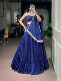 Royal blue Navratri lehenga featuring traditional Bandhej foil print and mirror lace detailing