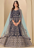 anarkali suit for women in blue velvet with front and back embroidery