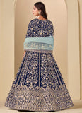 anarkali suit for women in blue velvet with front and back embroidery