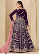 Purple Embroidered Velvet Party Wear Anarkali Dress