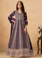 Royal Purple Faux Georgette Embroidered Anarkali Suit