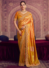 Saffron Gold Kanjivaram Pure Zari Silk Bridal Saree with Meena Zari & Hand Embellishments