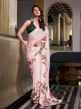 Off white printed satin silk saree