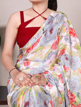 Grey satin saree with matching blouse