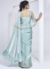 aqua blue satin silk ready to wear saree with handwork