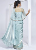 aqua blue satin silk ready to wear saree with handwork