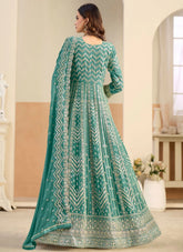 Sea green faux georgette Anarkali suit with front and back embroidery