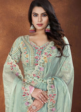 Sea Green Banarasi Crush Silk Stone Embroidery Saree with Net Blouse