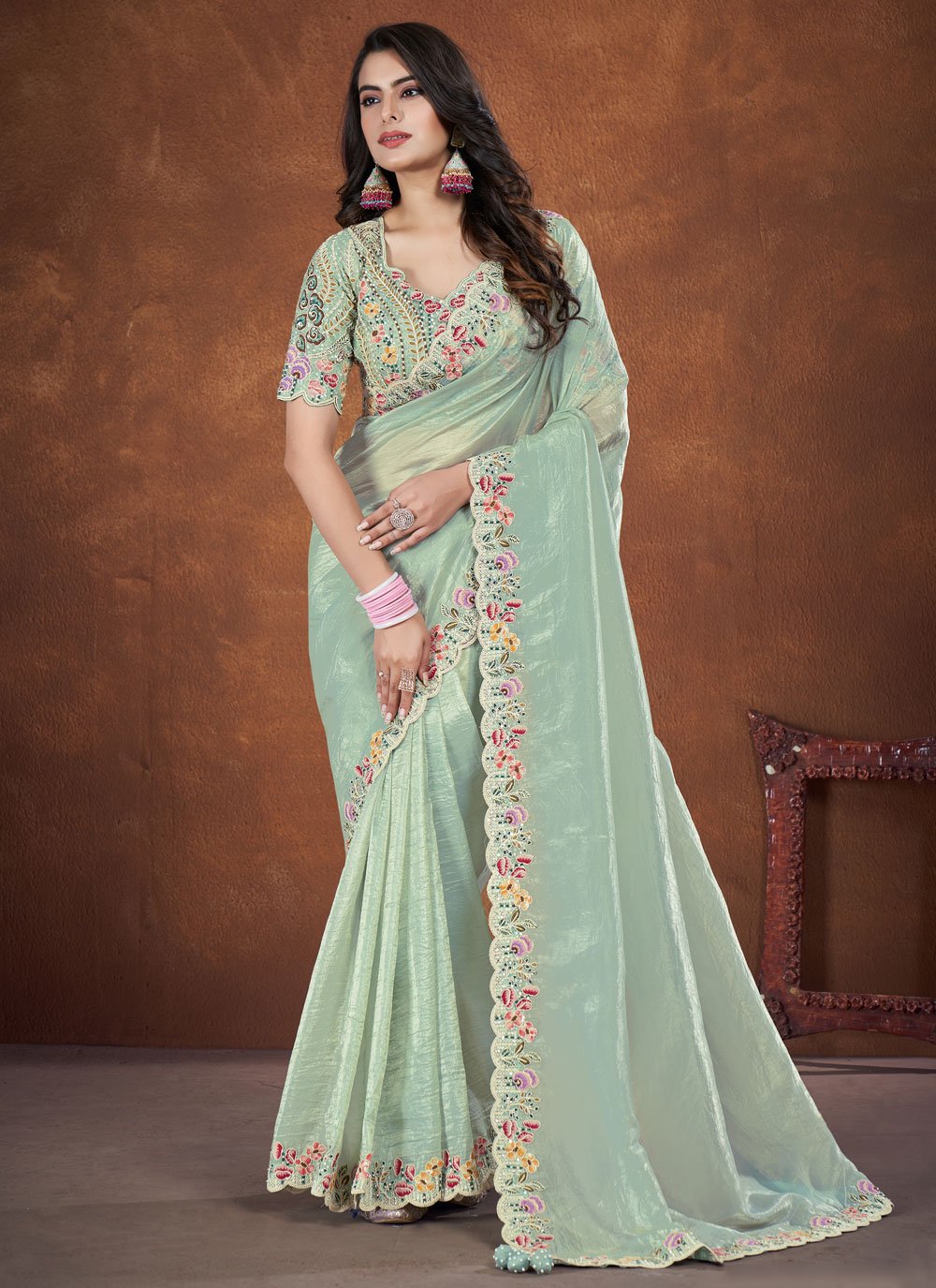 Sea Green Banarasi Crush Silk Stone Embroidery Saree with Net Blouse