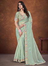 Sea Green Banarasi Crush Silk Stone Embroidery Saree with Net Blouse