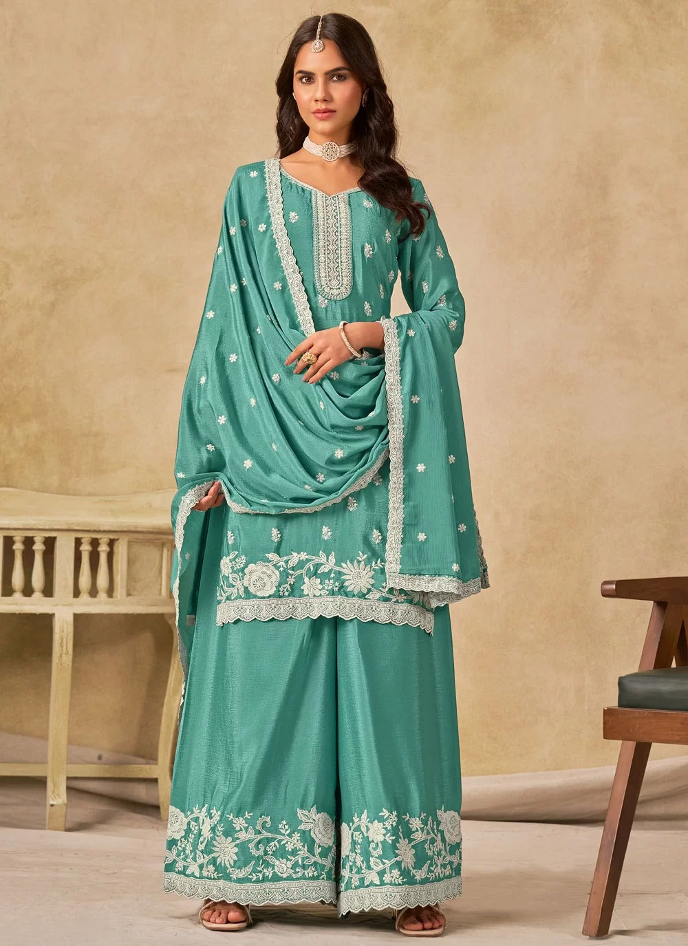 Sea green embroidered Chinnon silk palazzo suit with dupatta