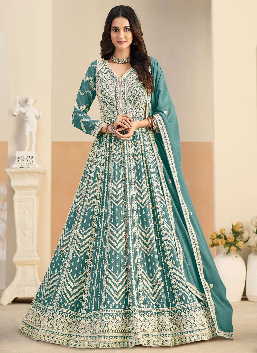 Sea green embroidered Anarkali suit in faux georgette fabric