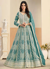Sea green embroidered Anarkali suit in faux georgette fabric