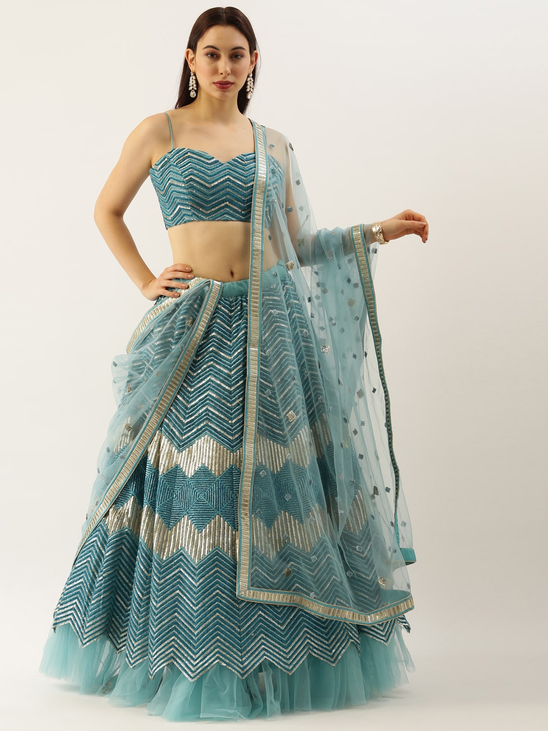 Sea Green Engagement Special Sequins Work Lehenga In Net