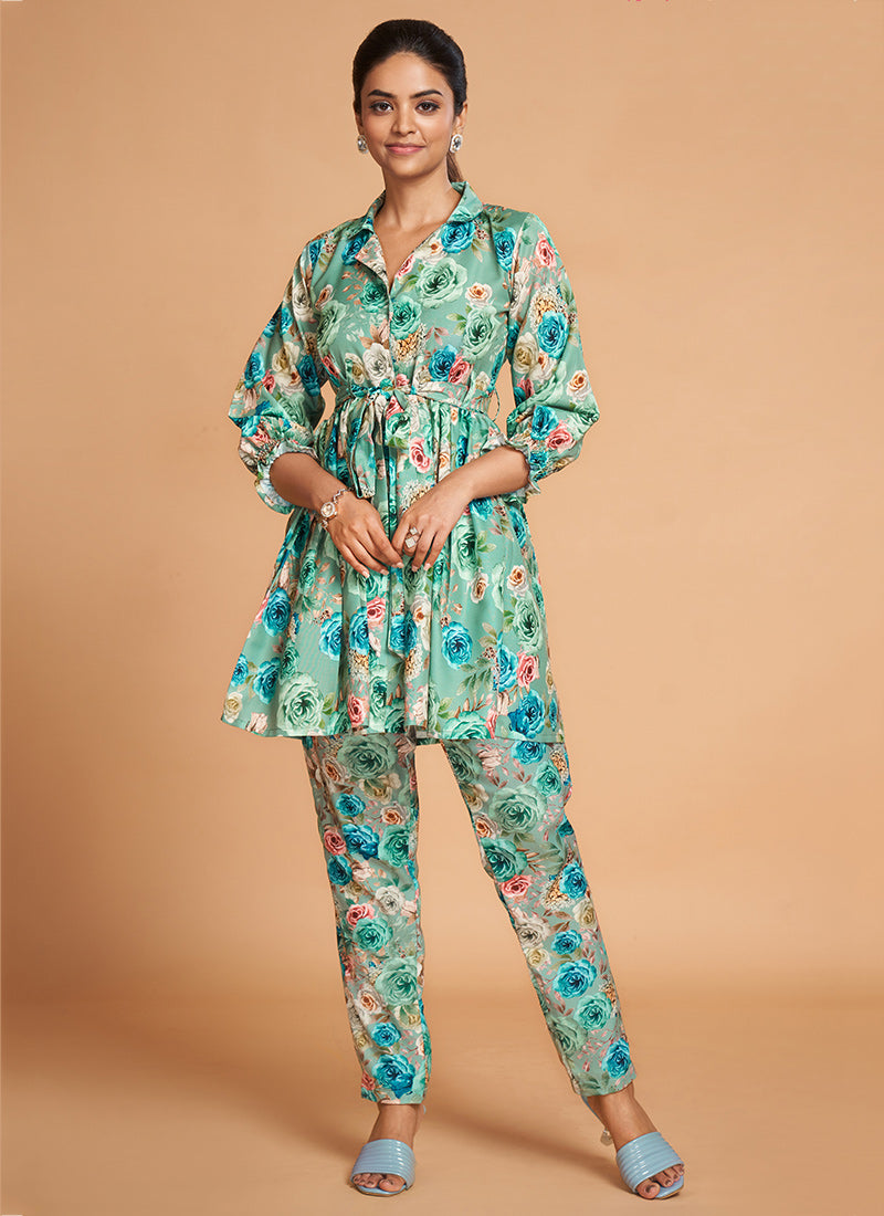 Sea Green Floral Printed Rayon Top and Bottom Cordset For Women