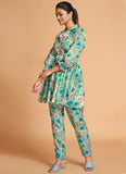 Sea Green Floral Printed Rayon Top and Bottom Cordset For Women